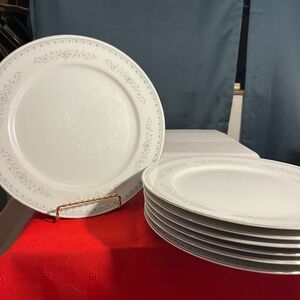 Classic White Dinner Plates with Light Blue Scroll Border